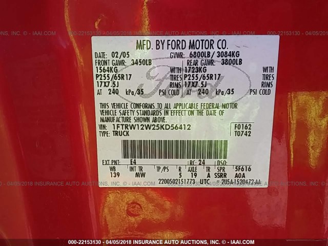 1FTRW12W25KD56412 - 2005 FORD F150 SUPERCREW RED photo 9