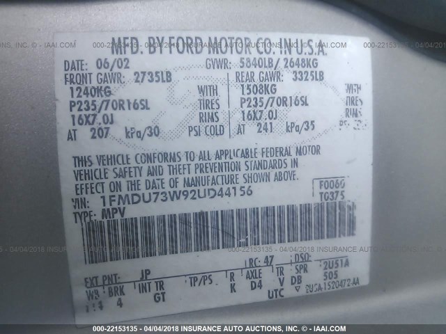 1FMDU73W92UD44156 - 2002 FORD EXPLORER XLT SILVER photo 9