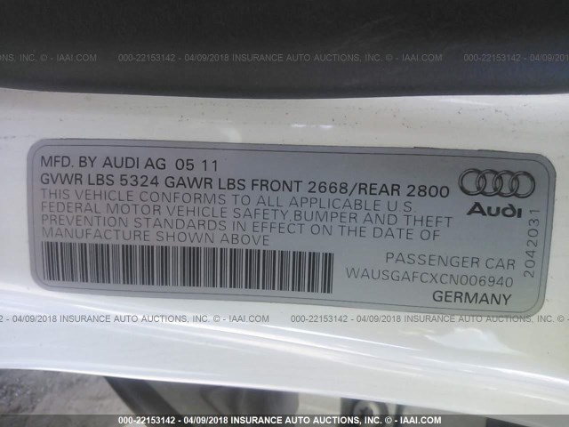 WAUSGAFCXCN006940 - 2012 AUDI A7 PRESTIGE WHITE photo 9