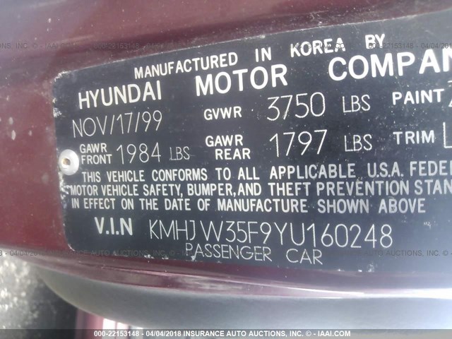 KMHJW35F9YU160248 - 2000 HYUNDAI ELANTRA GLS RED photo 9