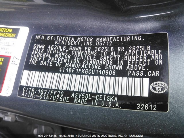 4T1BF1FK6CU110906 - 2012 TOYOTA CAMRY SE/LE/XLE Серый фото 9