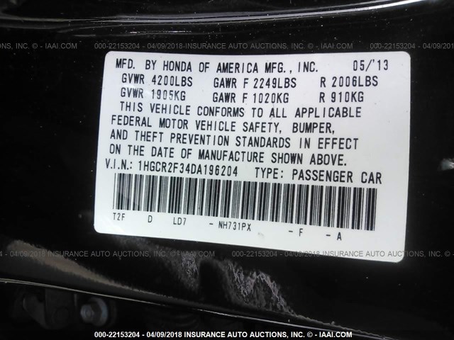 1HGCR2F34DA196204 - 2013 HONDA ACCORD LX BLACK photo 9