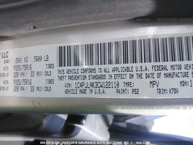 1C4PJLAK3CW122110 - 2012 JEEP LIBERTY SPORT 银色 照片 9