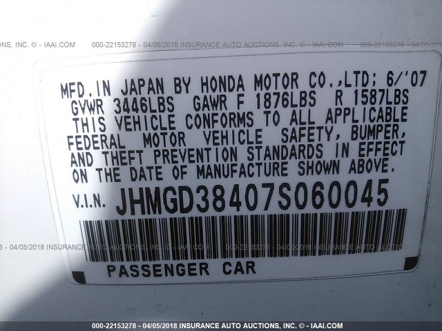 JHMGD38407S060045 - 2007 HONDA FIT WHITE photo 9