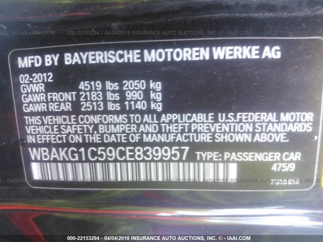 WBAKG1C59CE839957 - 2012 BMW 335 I SULEV BLACK photo 9