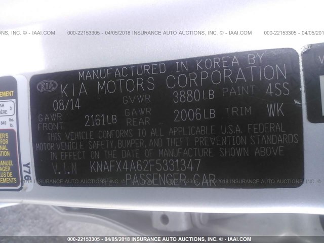 KNAFX4A62F5331347 - 2015 KIA FORTE LX SILVER photo 9