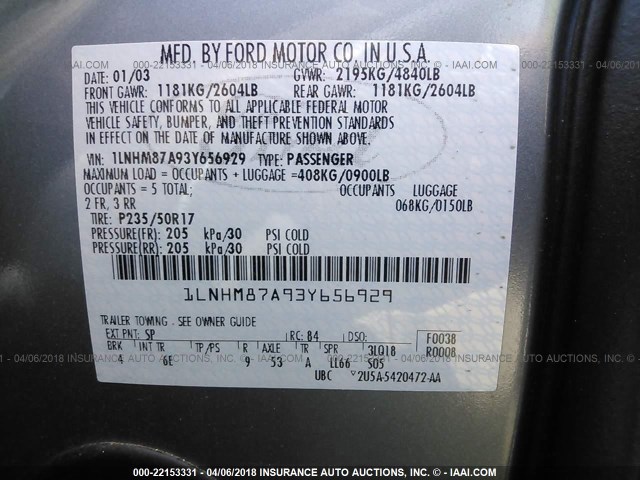 1LNHM87A93Y656929 - 2003 LINCOLN LS Light Blue photo 9