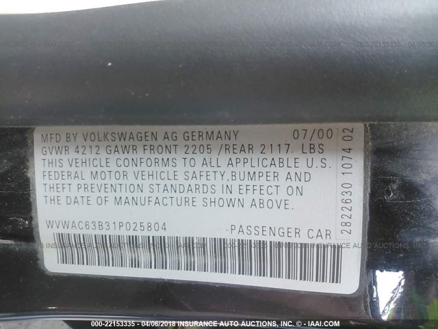 WVWAC63B31P025804 - 2001 VOLKSWAGEN PASSAT GLS BLACK photo 9