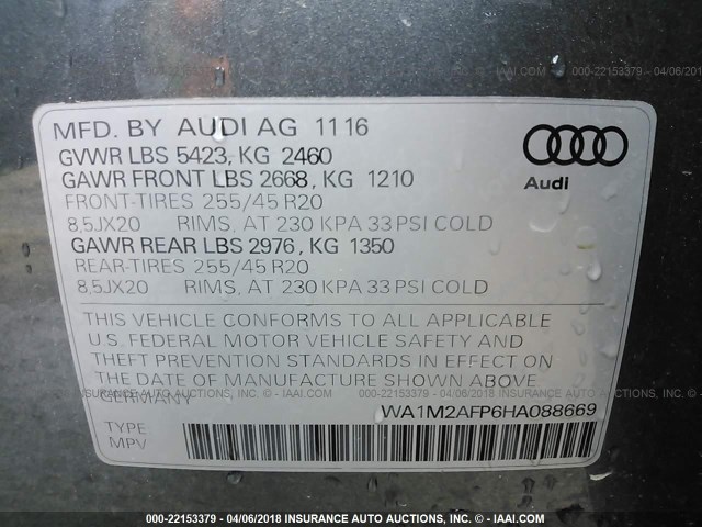 WA1M2AFP6HA088669 - 2017 AUDI Q5 PREMIUM PLUS GRAY photo 9