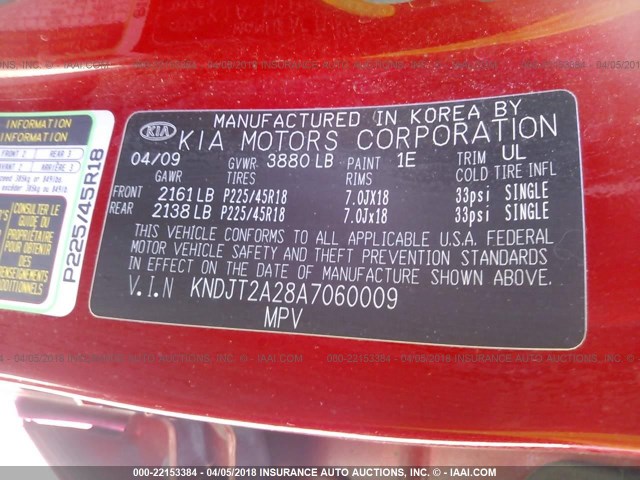 KNDJT2A28A7060009 - 2010 KIA SOUL +/!/SPORT RED photo 9