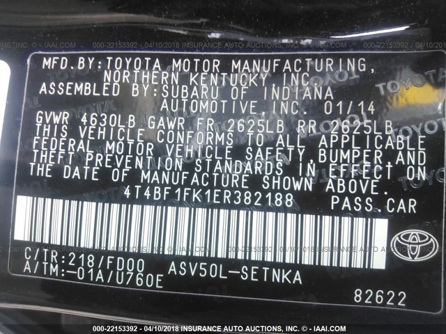 4T4BF1FK1ER382188 - 2014 TOYOTA CAMRY L/SE/LE/XLE 黑色 照片 9