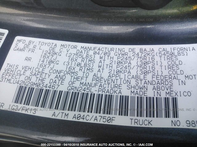 3TMLU42N29M034467 - 2009 TOYOTA TACOMA DOUBLE CAB ნაცრისფერი ფოტო 9