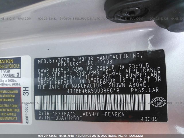 4T1BE46K59U389648 - 2009 TOYOTA CAMRY SE/LE/XLE SILVER photo 9