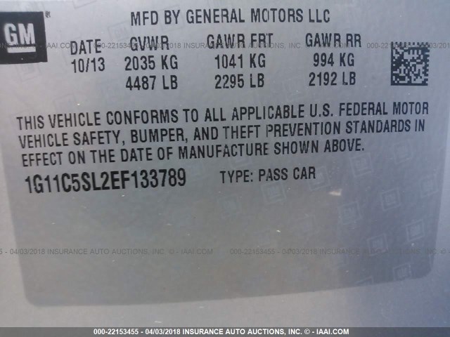 1G11C5SL2EF133789 - 2014 CHEVROLET MALIBU 1LT 灰色 照片 9