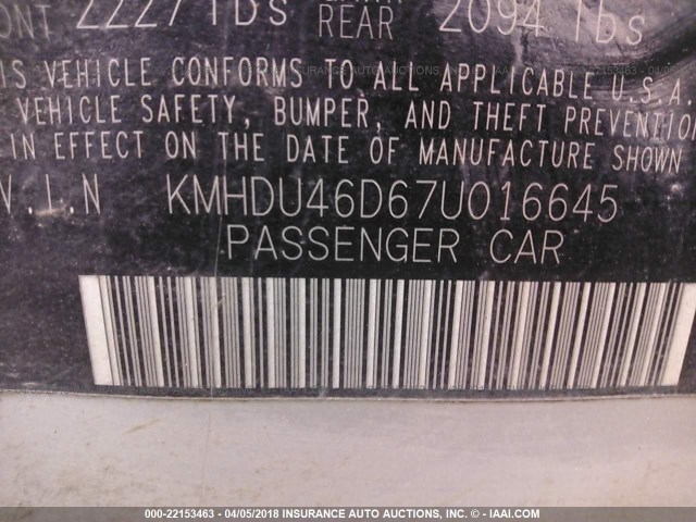 KMHDU46D67U016645 - 2007 HYUNDAI ELANTRA GLS/SE/LIMITED SILVER photo 9