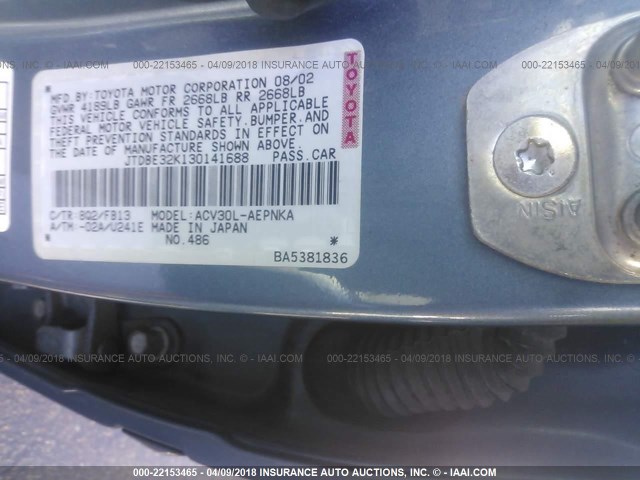 JTDBE32K130141688 - 2003 TOYOTA CAMRY LE/XLE BLUE photo 9