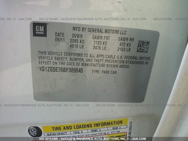 1G1ZE5E76BF389845 - 2011 CHEVROLET MALIBU LTZ WHITE photo 9