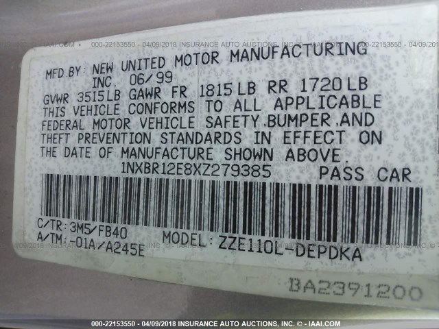 1NXBR12E8XZ279385 - 1999 TOYOTA COROLLA VE/CE/LE 棕色 照片 9