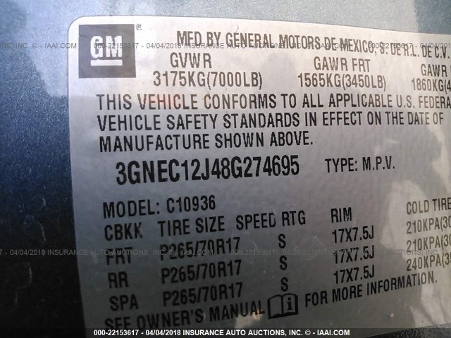 3GNEC12J48G274695 - 2008 CHEVROLET AVALANCHE C1500 BLUE photo 9