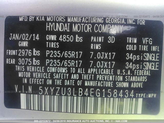 5XYZU3LB4EG158434 - 2014 HYUNDAI SANTA FE SPORT  SILVER photo 9