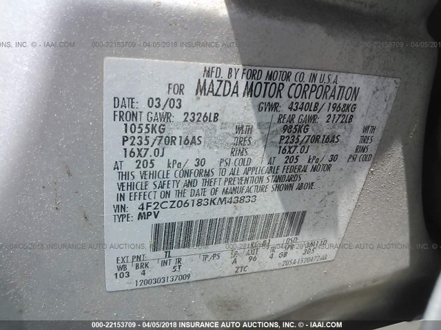 4F2CZ06183KM43833 - 2003 MAZDA TRIBUTE ES 银色 照片 9