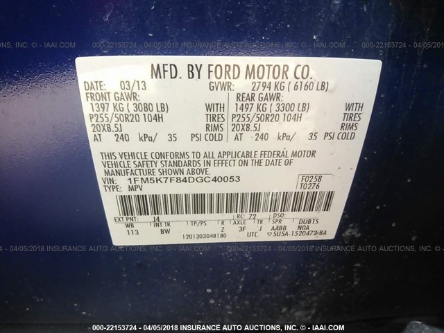 1FM5K7F84DGC40053 - 2013 FORD EXPLORER LIMITED ლურჯი ფოტო 9