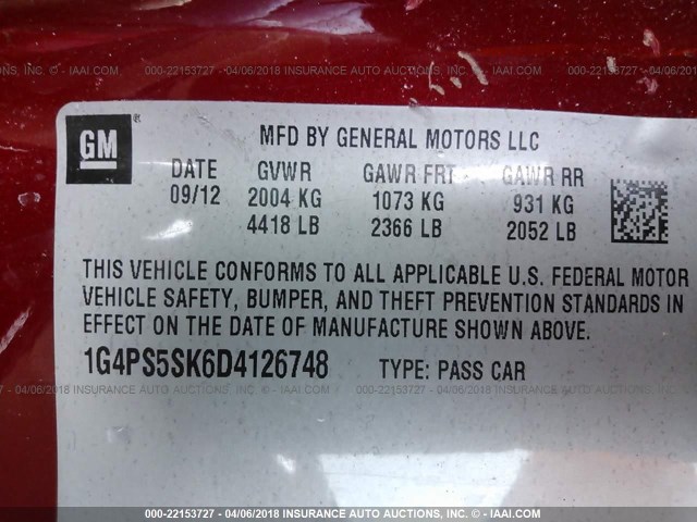 1G4PS5SK6D4126748 - 2013 BUICK VERANO RED photo 9