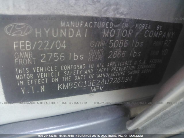 KM8SC13E24U726594 - 2004 HYUNDAI SANTA FE GLS/LX GRAY photo 9