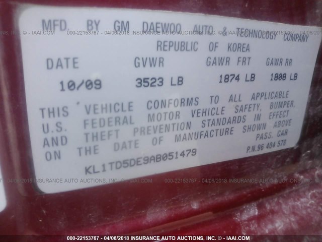 KL1TD5DE9AB051479 - 2010 CHEVROLET AVEO LS/LT 勃艮第红 照片 9