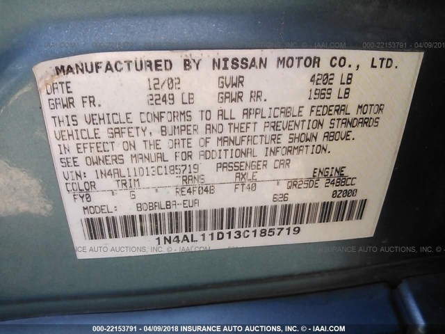 1N4AL11D13C185719 - 2003 NISSAN ALTIMA S/SL GREEN photo 9