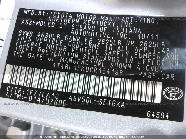 4T4BF1FK0CR164188 - 2012 TOYOTA CAMRY SE/LE/XLE SILVER photo 9