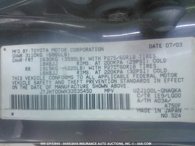 JTJHT00WX33535450 - 2003 LEXUS LX 470 GRAY photo 9