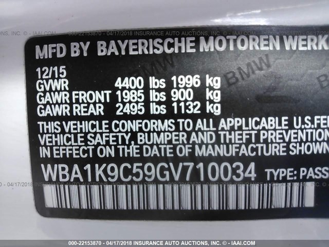 WBA1K9C59GV710034 - 2016 BMW 228 I/SULEV WHITE photo 9