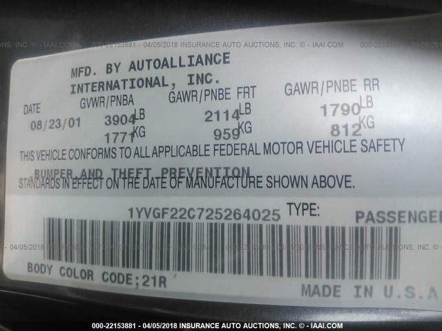 1YVGF22C725264025 - 2002 MAZDA 626 LX GRAY photo 9