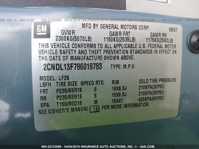 2CNDL13F786018783 - 2008 CHEVROLET EQUINOX LS BLUE photo 9