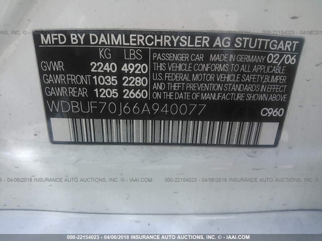 WDBUF70J66A940077 - 2006 MERCEDES-BENZ E 500 WHITE photo 9