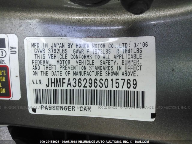 JHMFA36296S015769 - 2006 HONDA CIVIC HYBRID GRAY photo 9