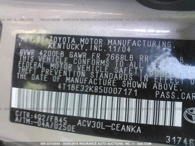 4T1BE32K85U007171 - 2005 TOYOTA CAMRY LE/XLE/SE 金色 照片 9