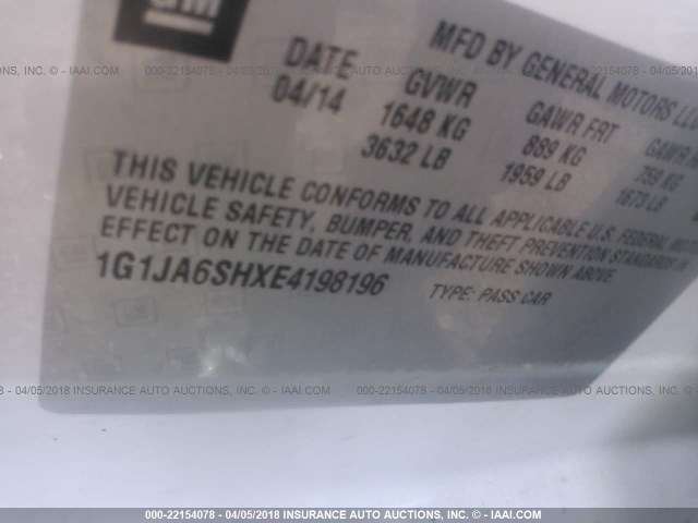 1G1JA6SHXE4198196 - 2014 CHEVROLET SONIC LS 白色 照片 9