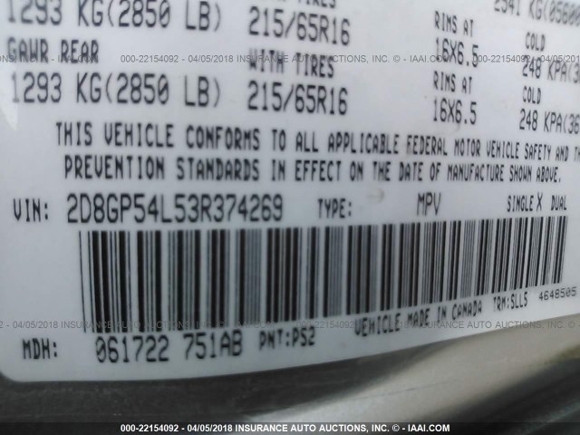 2D8GP54L53R374269 - 2003 DODGE GRAND CARAVAN ES SILVER photo 9