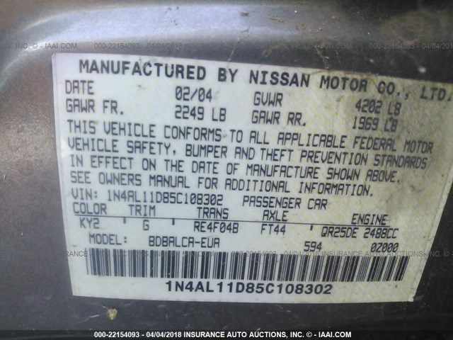 1N4AL11D85C108302 - 2005 NISSAN ALTIMA S/SL GRAY photo 9