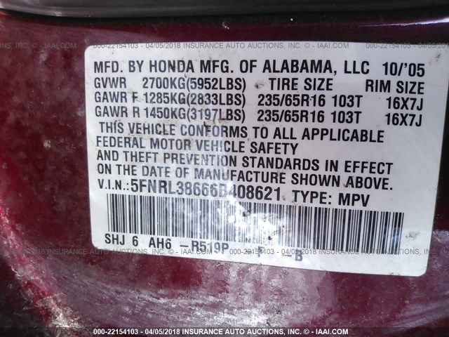 5FNRL38666B408621 - 2006 HONDA ODYSSEY EXL ბურგუნდია ფოტო 9