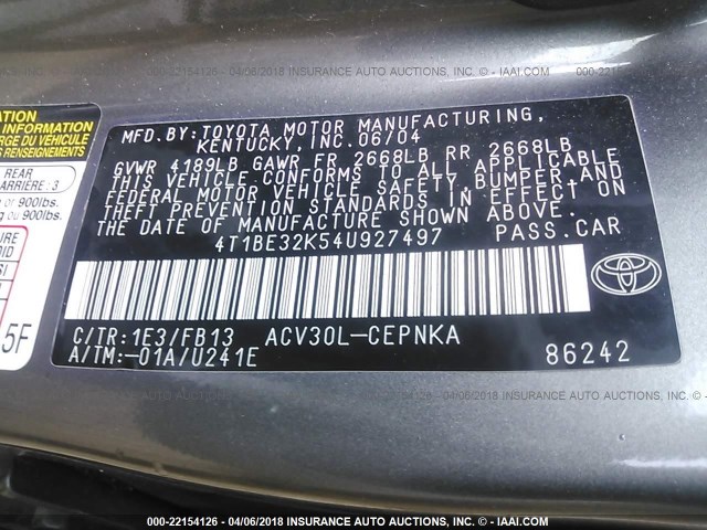4T1BE32K54U927497 - 2004 TOYOTA CAMRY LE/XLE/SE ნაცრისფერი ფოტო 9