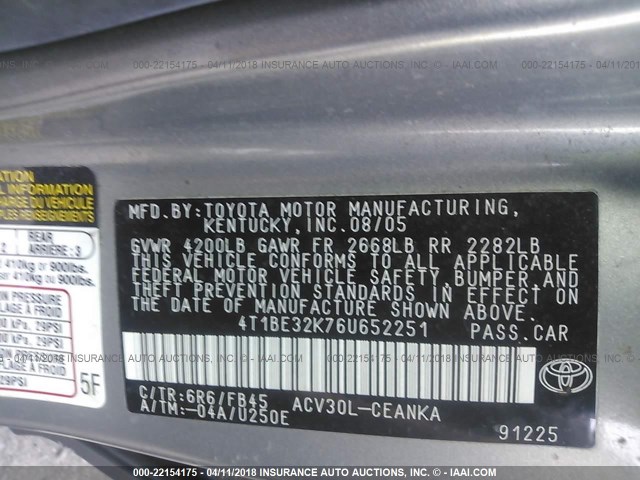 4T1BE32K76U652251 - 2006 TOYOTA CAMRY LE/XLE/SE SILVER photo 9