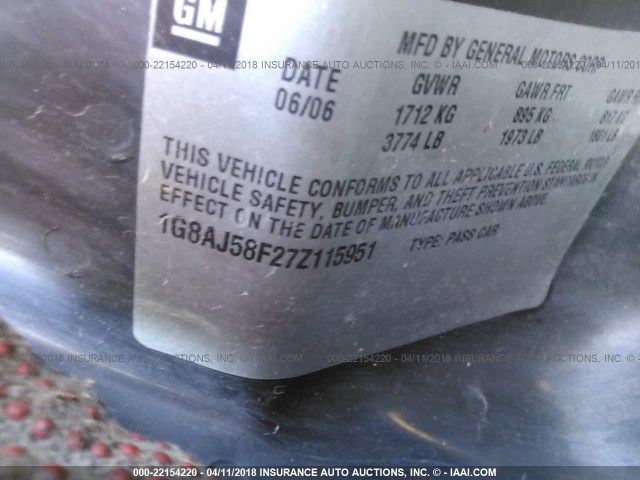 1G8AJ58F27Z115951 - 2007 SATURN ION LEVEL 2 Mavi foto 9