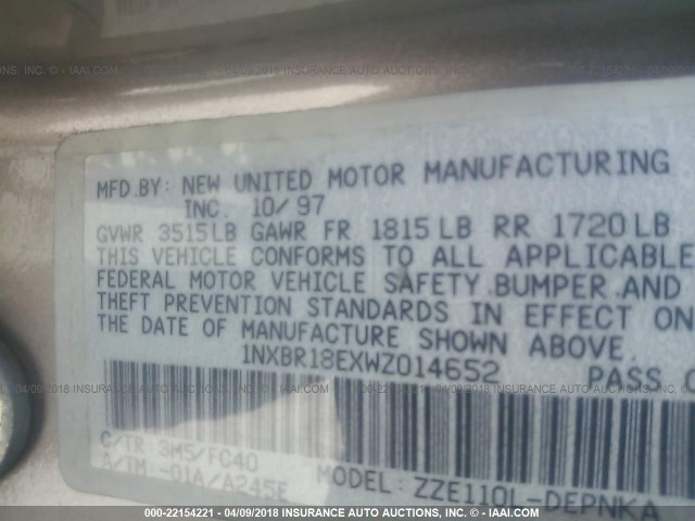 1NXBR18EXWZ014652 - 1998 TOYOTA COROLLA VE/CE/LE 棕色 照片 9