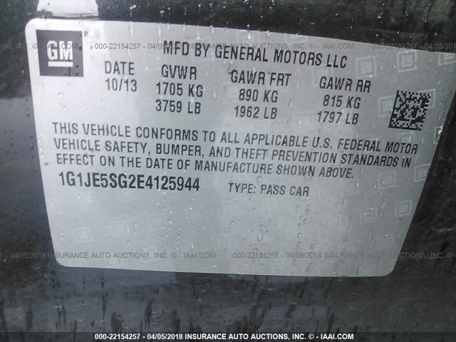 1G1JE5SG2E4125944 - 2014 CHEVROLET SONIC LTZ GRAY photo 9