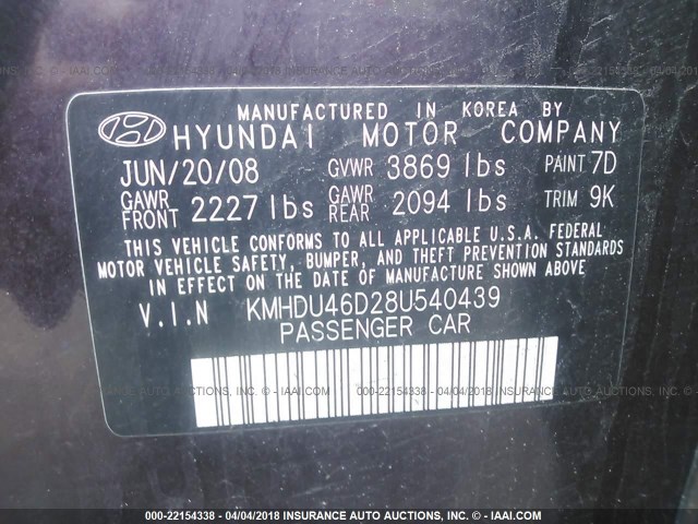 KMHDU46D28U540439 - 2008 HYUNDAI ELANTRA GLS/SE/LIMITED PURPLE photo 9