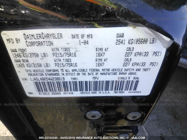 1J4GL48K54W238619 - 2004 JEEP LIBERTY SPORT BLACK photo 9