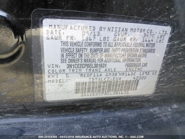 3N1CE2CP8EL381631 - 2014 NISSAN VERSA NOTE S/S PLUS/SV/SL BLACK photo 9